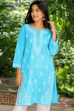 Leher Chikankari Cotton Long Blue Color Straight Kurta