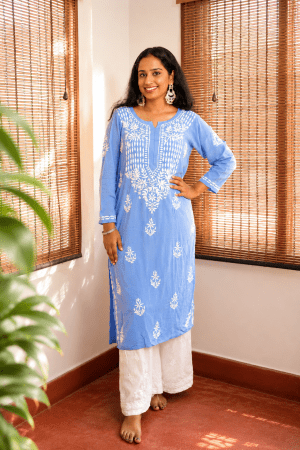 Phulkari Chikankari Rayon Long Straight Kurta – Powder Blue Color