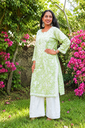Mulmul Cotton Long  Pastel Green color  Kurta with white bottom wear Palazzo