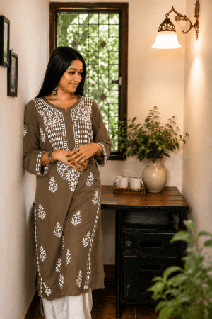 Phulkari Chikankari Rayon Long Straight Kurta – Brown Color