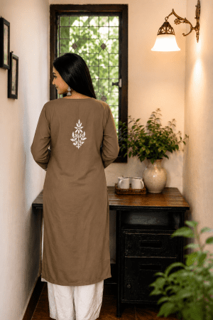 Phulkari Chikankari Rayon Long Straight Kurta set Brown Color with White Palazzo