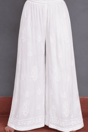 Phulkari Chikankari Rayon Long Straight Kurta set Powder Blue Color with White Palazzo