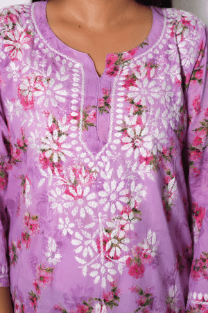 Mulmul Chikankari Short Kurta - Lavender color