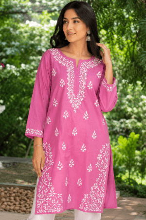 Leher Chikankari Cotton Long Pink Color Straight Kurta