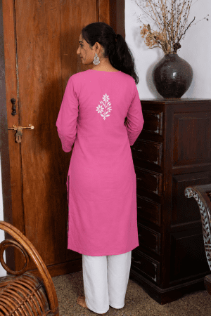 Leher Chikankari Cotton Long Pink Color Straight Kurta