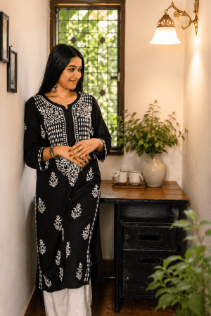 Phulkari Chikankari Rayon Long Straight Kurta set Black Color with White Palazzo