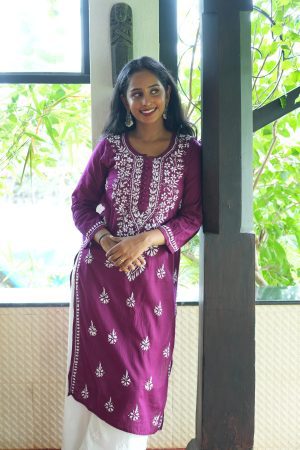 Leher Chikankari Cotton Long Wine Color Straight Kurta