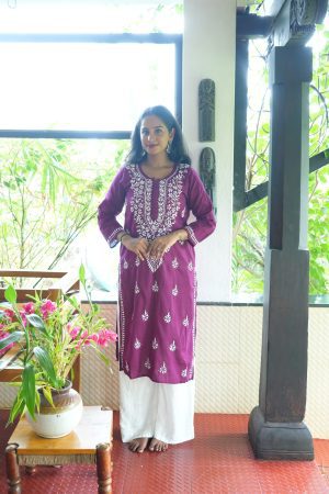 Leher Chikankari Cotton Long Wine Color Straight Kurta