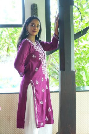 Leher Chikankari Cotton Long Wine Color Straight Kurta
