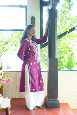 Leher Chikankari Cotton Long Wine Color Straight Kurta