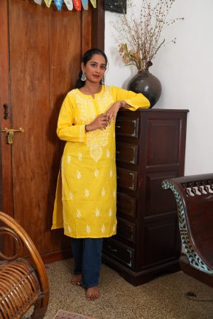 Leher Chikankari Cotton Long Yellow Color Straight Kurta