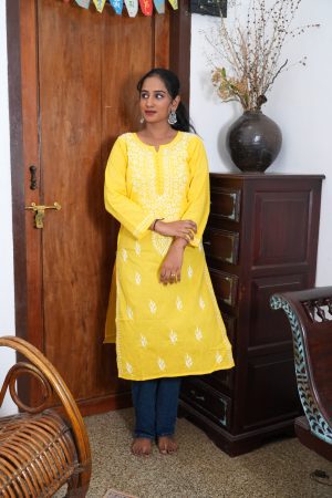 Leher Chikankari Cotton Long Yellow Color Straight Kurta
