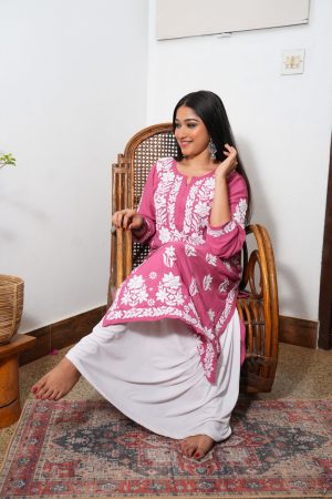 Rida – Modal Long 3D Chikankari Straight Kurta -Candy Pink