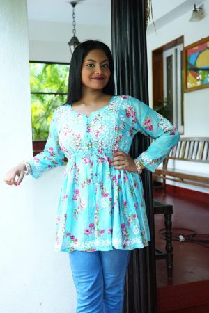 Mulmul Chikankari Short Frock - Blue color