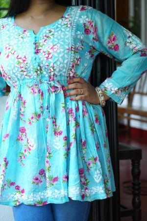 Mulmul Chikankari Short Frock - Blue color