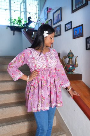 Mulmul Chikankari Short Frock – Lavendercolor