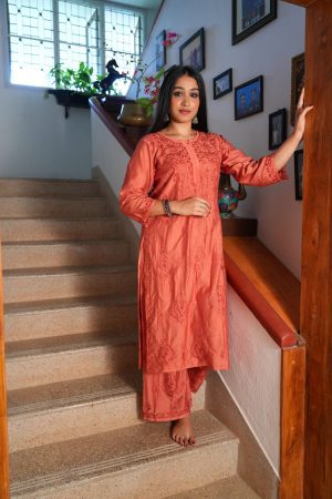 Chanderi Premium Kurta set - Rust Color