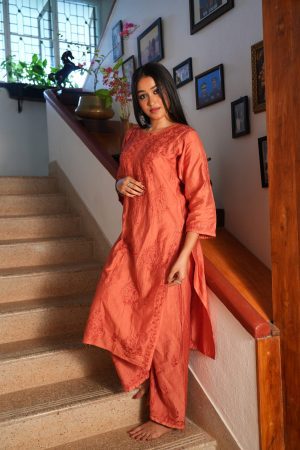 Chanderi Premium Kurta set - Rust Color