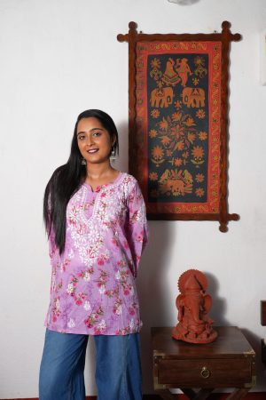 Mulmul Chikankari Short Kurta - Lavender color