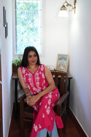 Leher Chikankari Cotton Long Pink Color Straight Kurta