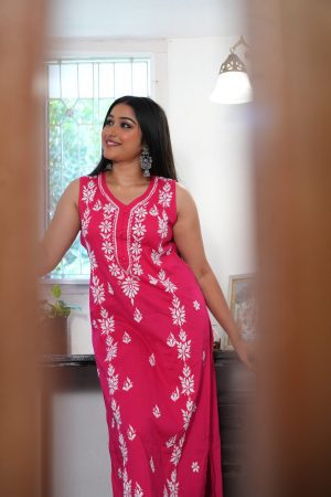Leher Chikankari Cotton Long Pink Color Straight Kurta
