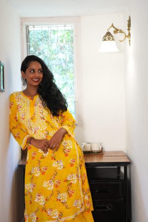 Mulmul Chikankari Long Straight Kurta set with Bottom Wear -Yellow Color