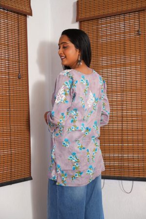 Mulmul Chikankari Short Kurta - Grey Color