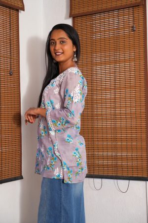 Mulmul Chikankari Short Kurta - Grey Color