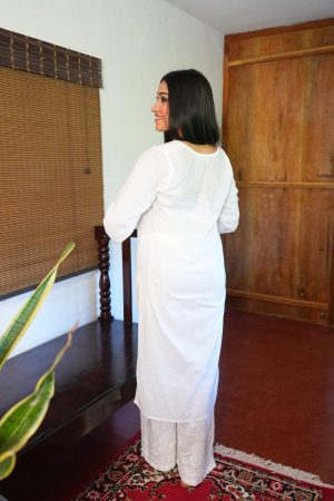 Leher Chikankari Cotton Long White Color Straight Kurta