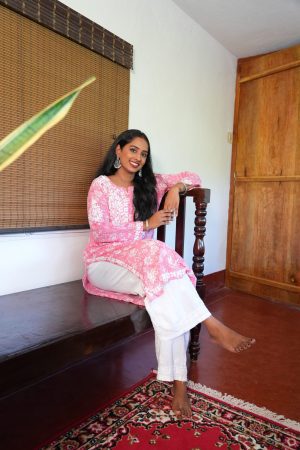 Mulmul Cotton Long Pink color  Kurta with white bottom wear Palazzo