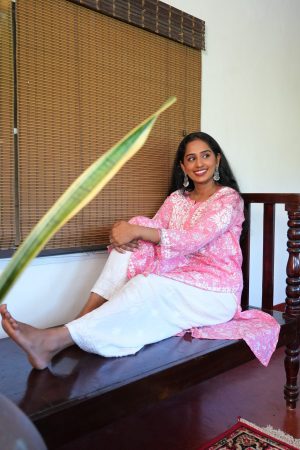 Mulmul Cotton Long Pink color  Kurta with white bottom wear Palazzo
