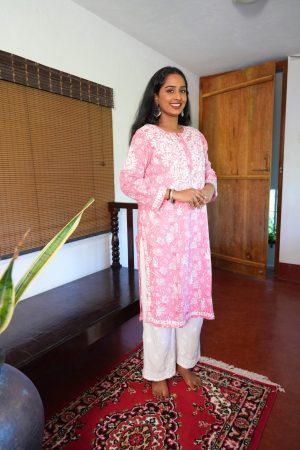 Mulmul Cotton Long Pink color  Kurta with white bottom wear Palazzo