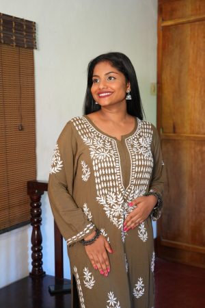 Phulkari Chikankari Rayon Long Straight Kurta set Brown Color with White Palazzo