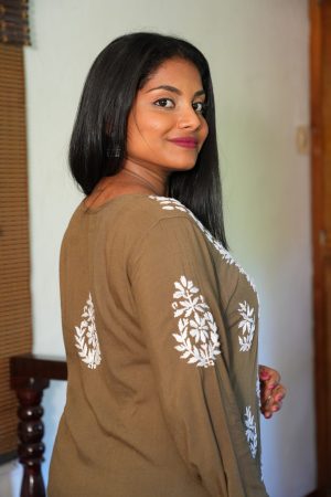 Phulkari Chikankari Rayon Long Straight Kurta set Brown Color with White Palazzo