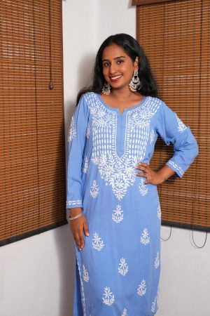 Phulkari Chikankari Rayon Long Straight Kurta – Powder Blue Color