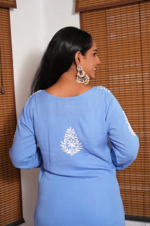 Phulkari Chikankari Rayon Long Straight Kurta set Powder Blue Color with White Palazzo