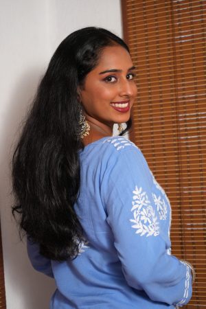 Phulkari Chikankari Rayon Long Straight Kurta set Powder Blue Color with White Palazzo