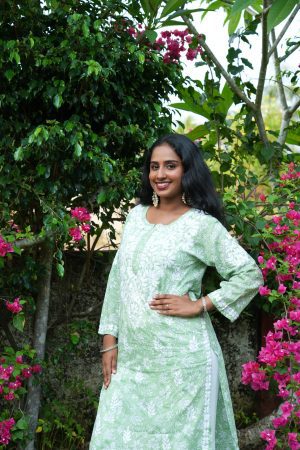 Mulmul Cotton Long Pastel Green color Kurta