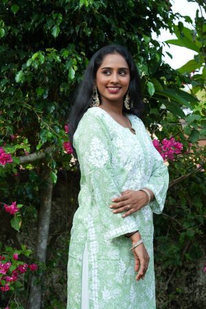 Mulmul Cotton Long  Pastel Green color  Kurta with white bottom wear Palazzo
