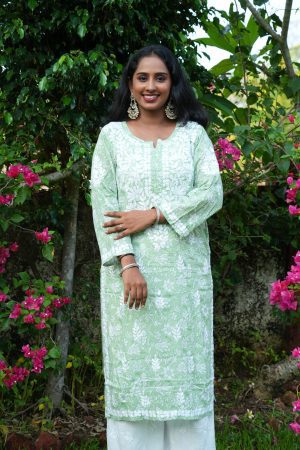 Mulmul Cotton Long  Pastel Green color  Kurta with white bottom wear Palazzo