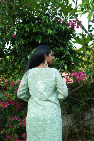 Mulmul Cotton Long  Pastel Green color  Kurta with white bottom wear Palazzo