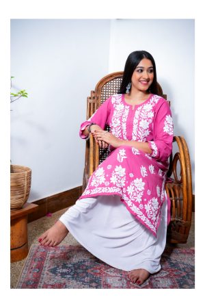 Rida – Modal Long 3D Chikankari Straight Kurta -Candy Pink