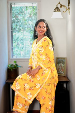 Mulmul Chikankari Long Straight Kurta set with Bottom Wear -Yellow Color