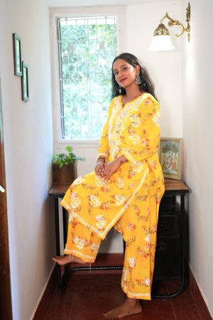 Mulmul Chikankari Long Straight Kurta set with Bottom Wear -Yellow Color