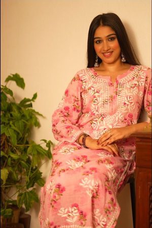 Mulmul Chikankari Long Straight Kurta set with Bottom Wear - Pink Color
