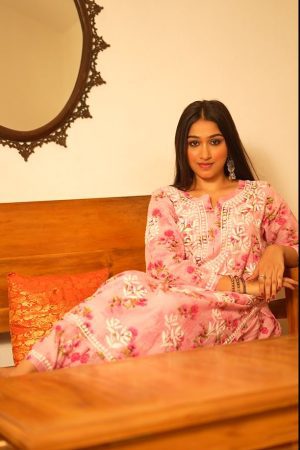 Mulmul Chikankari Long Straight Kurta set with Bottom Wear - Pink Color