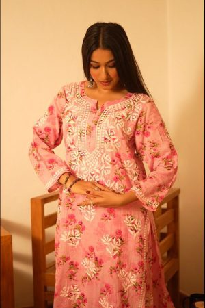 Mulmul Chikankari Long Straight Kurta set with Bottom Wear - Pink Color