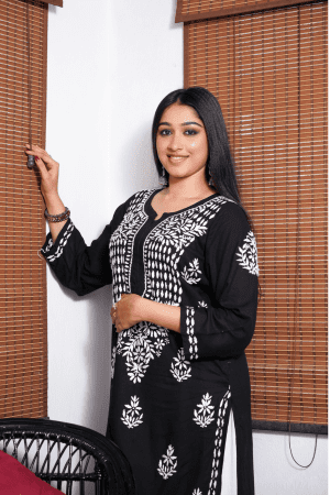 Phulkari Chikankari Rayon Long Straight Kurta set Black Color with White Palazzo