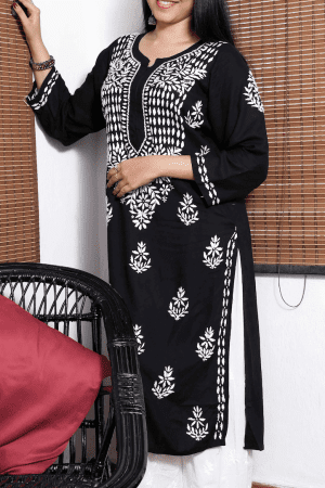 Phulkari Chikankari Rayon Long Straight Kurta - Black Color