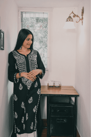 Phulkari Chikankari Rayon Long Straight Kurta - Black Color